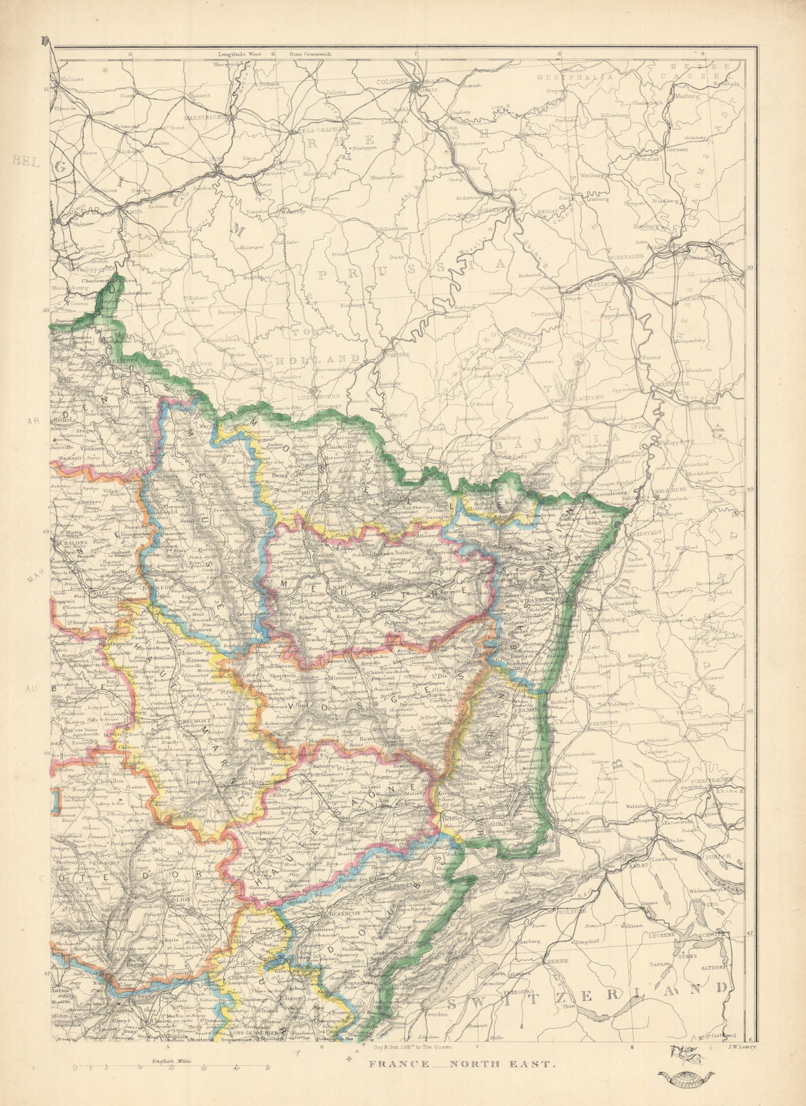 FRANCE NORTH EAST. Alsace Lorraine. Rhin Vosges Saone Doubs. JW LOWRY 1863 map